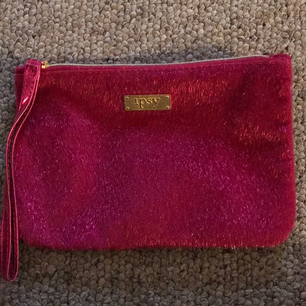 Ipsy fuzzy pink wristlet cosmetic case